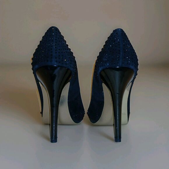 WHBM Black Sequined Stiletto Heels Pumps 4.5" Sz 6M Sexy Chic Peep-Toe Evening - Picture 6 of 13